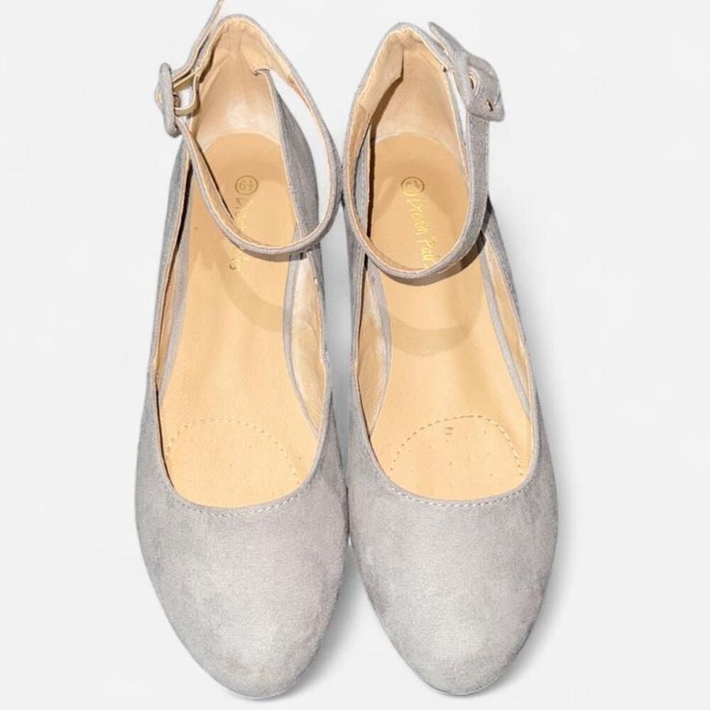 Grey Suede Ballet Flats with Ankle Buckle Strap, Size Women's 6.5 - Picture 2 of 6